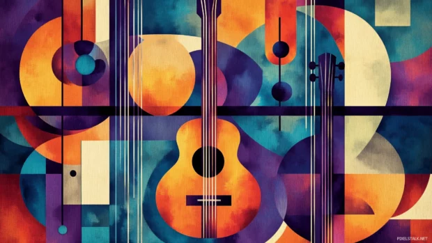A geometric tile design featuring stylized guitars, microphones, and headphones in a harmonious color palette, capturing the essence of modern music aesthetics.