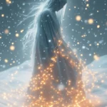 A ghost tangled in fairy lights floats above a soft blanket of snow.
