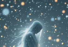 A ghost tangled in fairy lights floats above a soft blanket of snow.