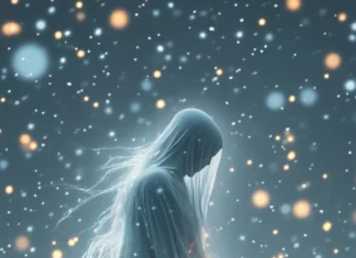 A ghost tangled in fairy lights floats above a soft blanket of snow.