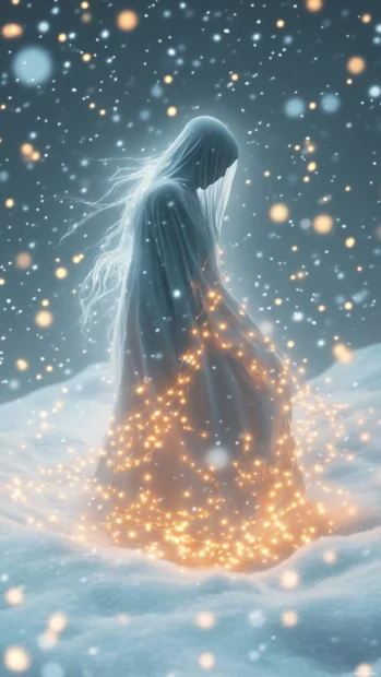 A ghost tangled in fairy lights floats above a soft blanket of snow.