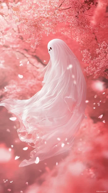 A ghost twirls through cherry blossom petals in a serene pink background.