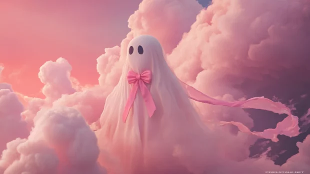 A ghost wearing a pink ribbon and bowtie drifts through a cotton candy sky.
