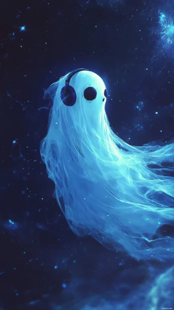 A ghost wearing headphones listens to music while floating peacefully in space.