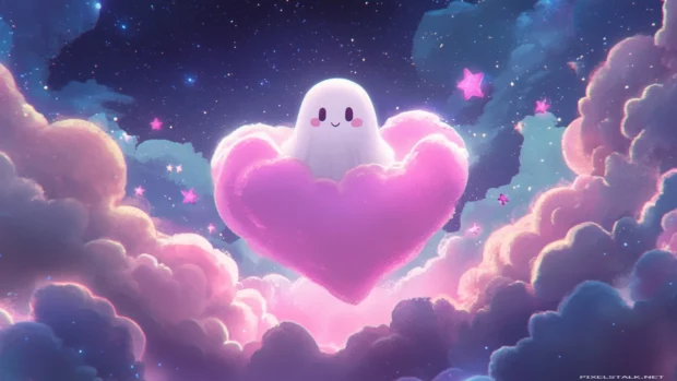A ghost with blushing cheeks floats on a heart shaped pink cloud surrounded by stars.
