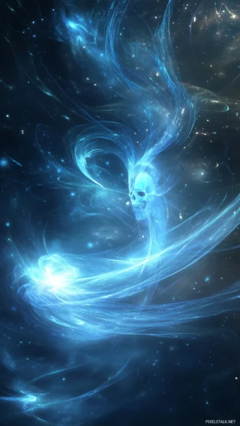 A ghostly blue skull with ethereal wisps swirling around it, framed by soft blue and silver light effects, with a haunting yet elegant design.