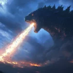 A giant beam erupts skyward from Godzillas mouth.