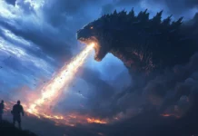 A giant beam erupts skyward from Godzillas mouth.