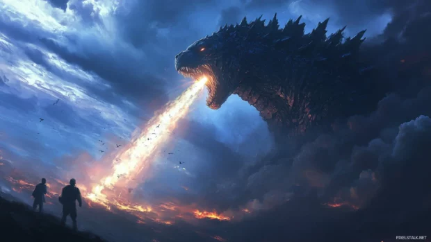 A giant beam erupts skyward from Godzillas mouth.