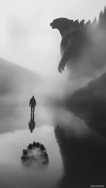 A giant footprint left behind after Godzilla vanishes into fog.