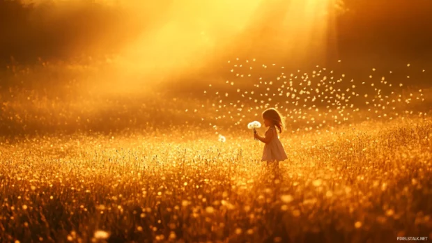 A girl blowing dandelions in a golden meadow, the sunlight creating a dreamy atmosphere.