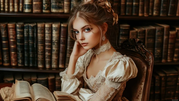 A girl in a Victorian dress sitting in an old fashioned library, surrounded by antique books.