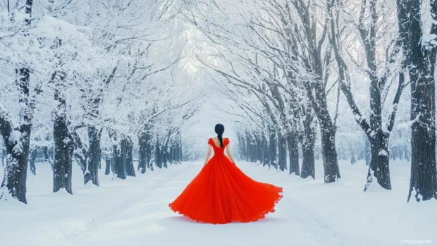 A girl in a bright red dress walking through a snowy forest, elegant and striking contrast.
