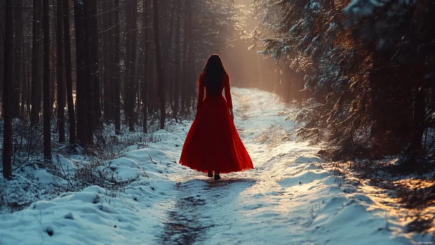 A girl in a bright red dress walking through a snowy forest, elegant and striking contrast.