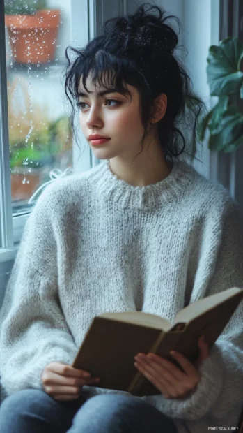 A girl in a cozy oversized sweater, sitting by a window with raindrops and a book in her hands.