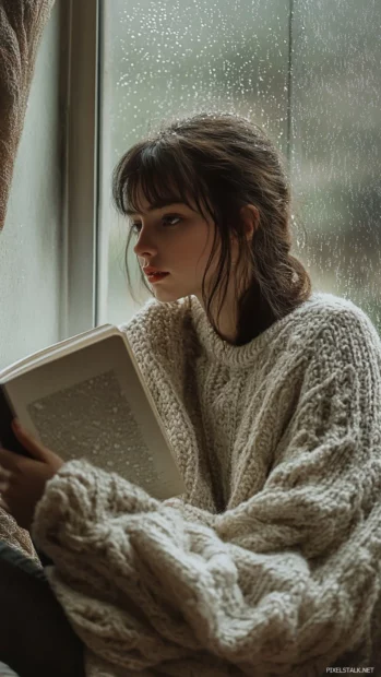 A girl in a cozy oversized sweater, sitting by a window with raindrops and a book in her hands.