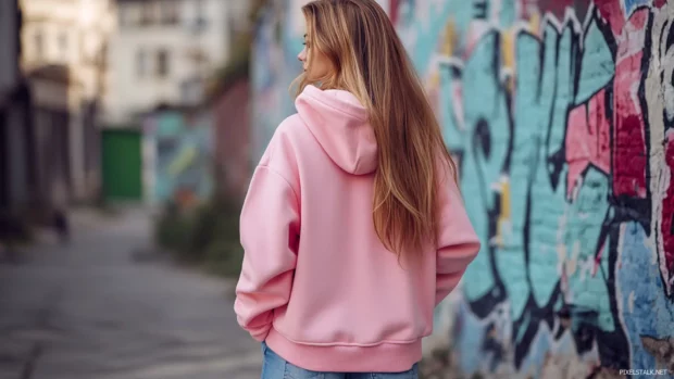A girl in a pink hoodie standing in front of a graffiti wall, urban street style vibe.