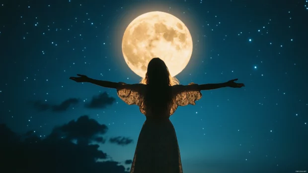 A girl in a starry night dress, standing under a glowing full moon, ethereal and magical.