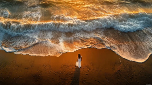 A girl in a white dress walking barefoot on the sand, soft ocean waves touching her feet.