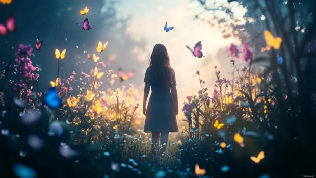A girl in an enchanted garden, surrounded by oversized glowing flowers and butterflies.