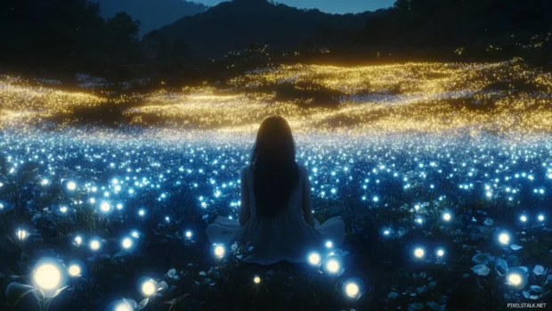 A girl sitting in a field of fireflies at dusk, the glow surrounding her in a dreamlike scene.