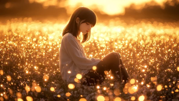 A girl sitting in a field of fireflies at dusk, the glow surrounding her in a dreamlike scene.