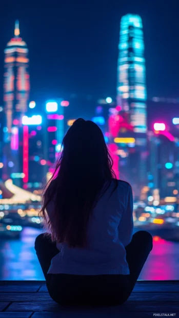 A girl sitting on the rooftop at night, gazing at the city skyline filled with glowing lights.