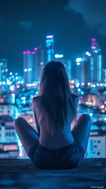 A girl sitting on the rooftop at night, gazing at the city skyline filled with glowing lights.