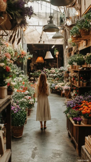 A girl standing in a flower shop, surrounded by vibrant bouquets, delicate and artistic.