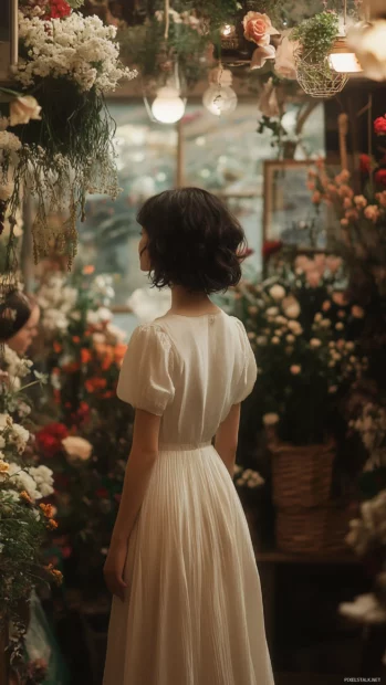 A girl standing in a flower shop, surrounded by vibrant bouquets, delicate and artistic.