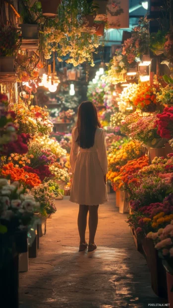 A girl standing in a flower shop, surrounded by vibrant bouquets, delicate and artistic.