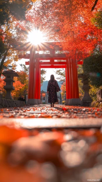A girl wearing a traditional kimono, standing under a red torii gate, with falling autumn leaves.