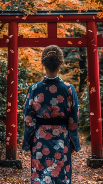 A girl wearing a traditional kimono, standing under a red torii gate, with falling autumn leaves.