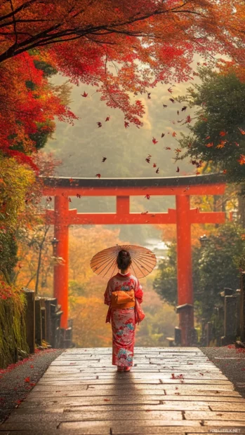 A girl wearing a traditional kimono, standing under a red torii gate, with falling autumn leaves.