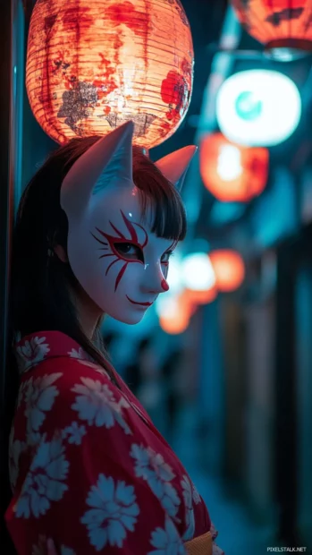 A girl with a fox mask, standing under a lantern lit street in an old Japanese town.