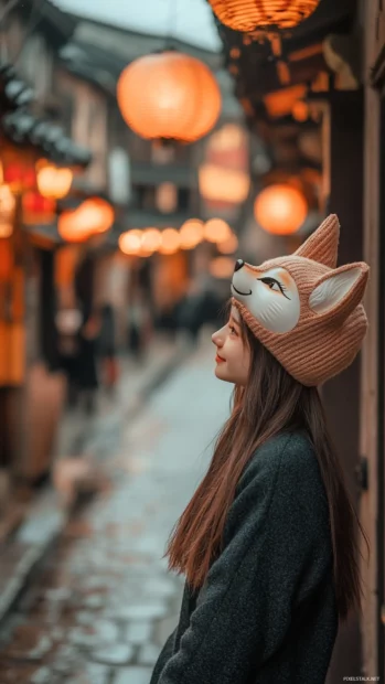 A girl with a fox mask, standing under a lantern lit street in an old Japanese town.