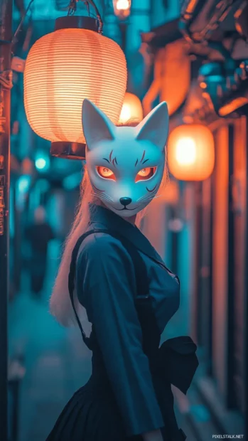A girl with a fox mask, standing under a lantern lit street in an old Japanese town.