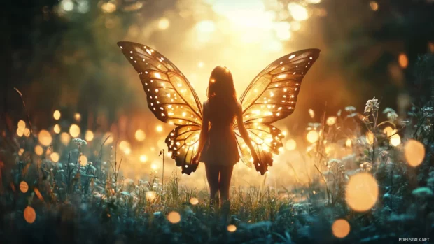 A girl with butterfly wings, standing in a magical glade with soft glowing lights.
