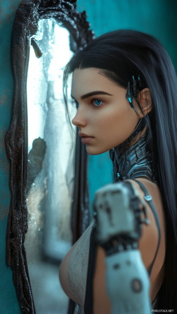 A girl with cybernetic arms stares at her reflection in a cracked mirror.