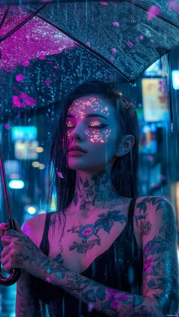 A girl with glowing tattoos holding a digital umbrella in holographic rain.