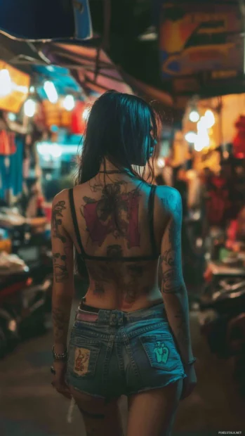 A girl with glowing tattoos walks through the market, cyberpunk girl wallpaper aesthetic.