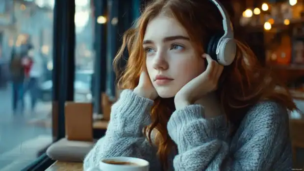 A girl with headphones, lost in music, sitting in a cozy cafÃ© with a cup of coffee.