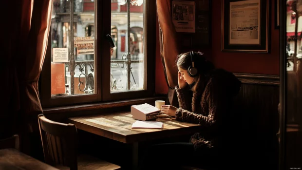 A girl with headphones, lost in music, sitting in a cozy cafÃ© with a cup of coffee.