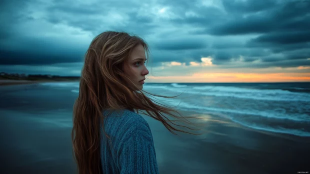 A girl with long flowing hair standing on a windy beach, looking at the horizon, cinematic lighting.