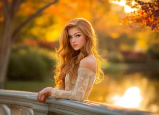 A girl with long, wavy hair standing on a bridge during golden hour, soft cinematic lighting.