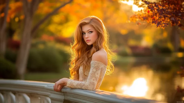 A girl with long, wavy hair standing on a bridge during golden hour, soft cinematic lighting.