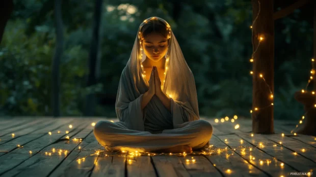 A girl wrapped in fairy lights, sitting on a wooden floor with a peaceful expression.