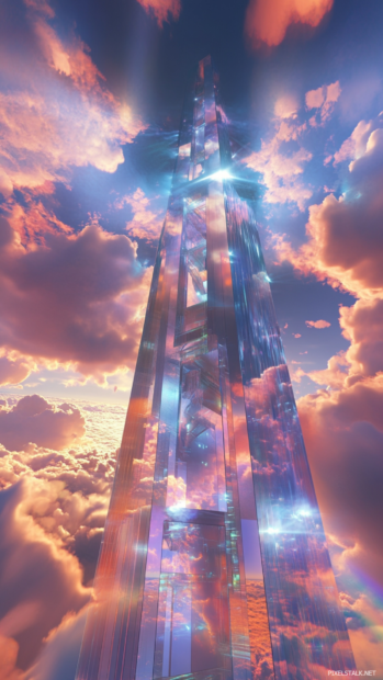 A glass elevator ascends a spire through virtual clouds and shifting lights.