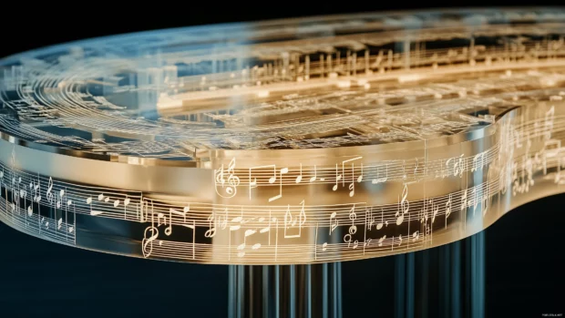 A glass with etched notes, light dances on curves, luminous effect.