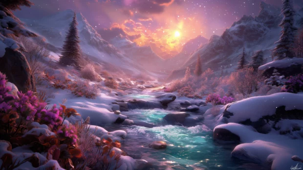 A glowing aurora borealis lighting up a snowy landscape, with vibrant greens and purples dancing across the sky .